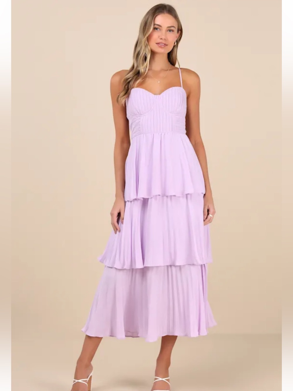 Lulus Cascading Crush Lavender Tiered Bustier Midi Dress (L)